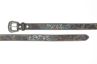 Black Tooled Leather Belt Camel Turquoise ABB 14-2622