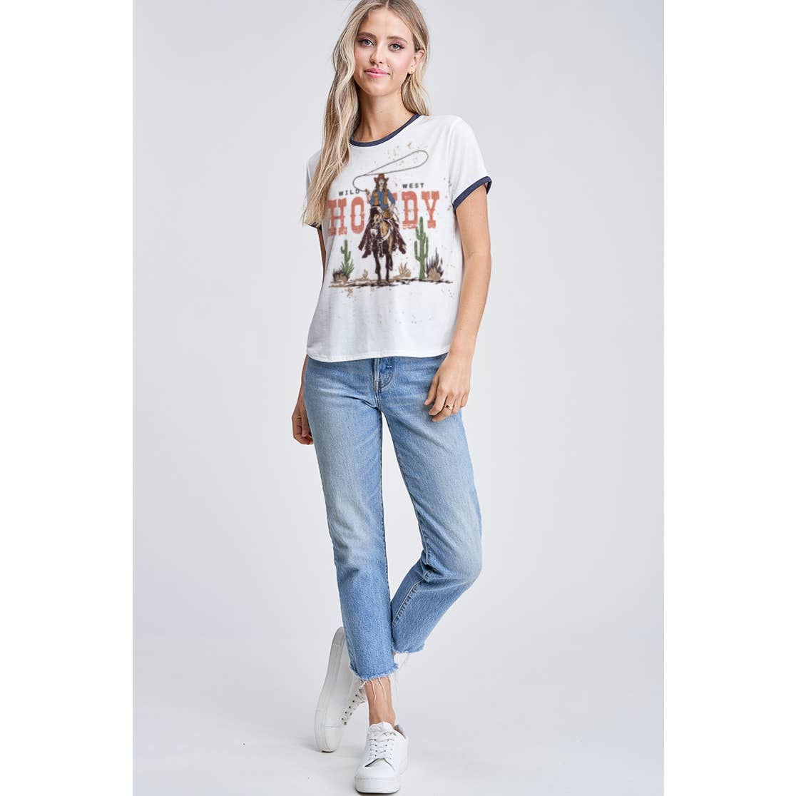 Howdy print ringer band short sleeve top