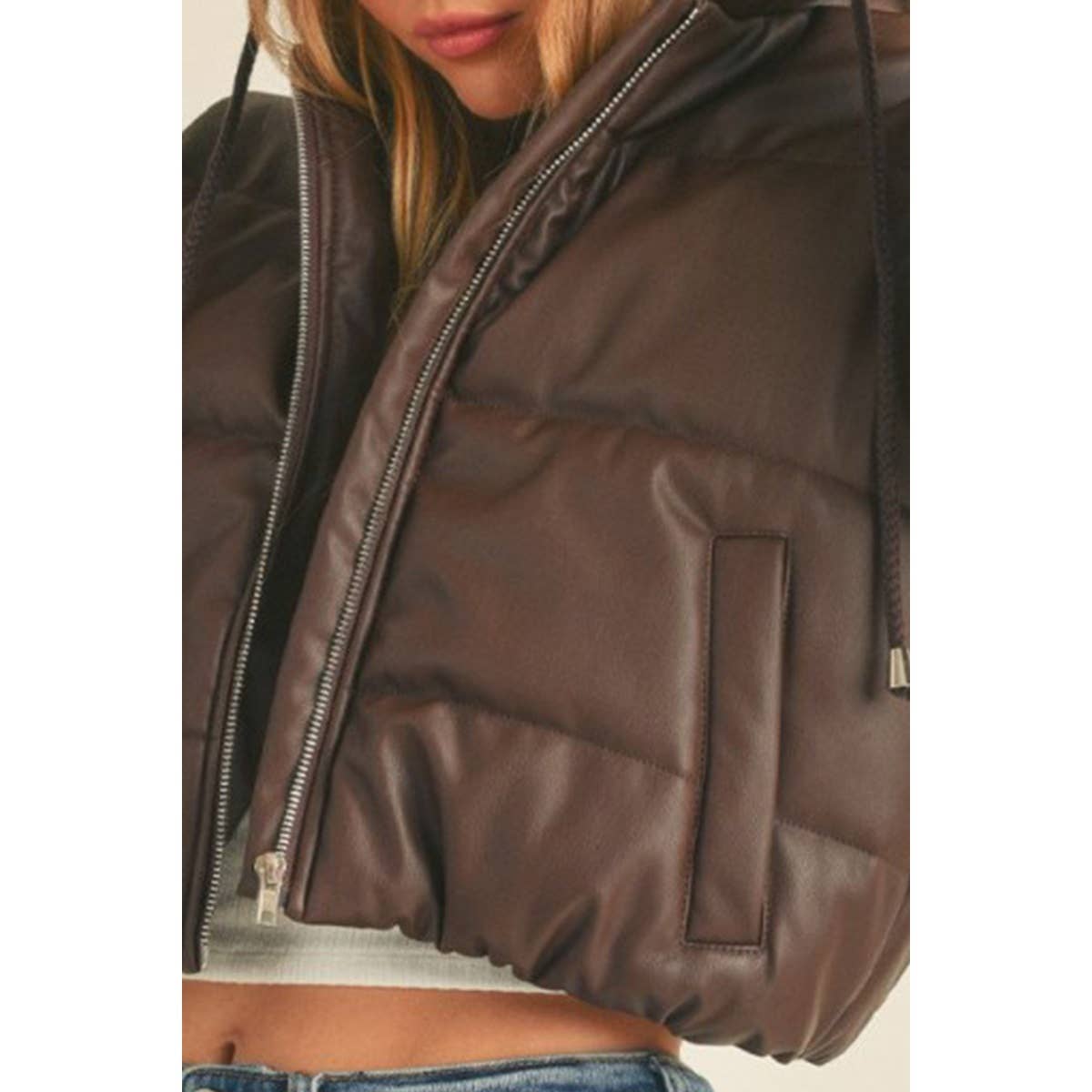 Hooded Faux Leather PU Crop Puffer Jacket