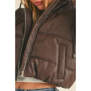 ***CLEARANCE *** Hooded Faux Leather PU Crop Puffer Jacket