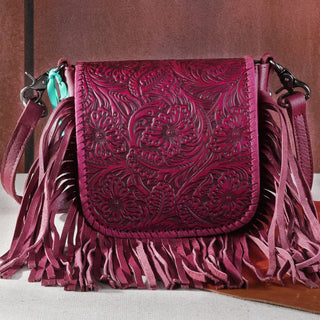 RLC-L159 Montana West Genuine Leather Tooled Collection Fringe Crossbody