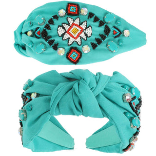 Western Aztec Design Top Knotted Beaded Headband
