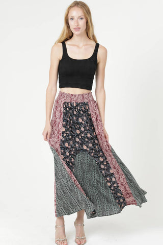 MIXED PRINT SMOCKED WAIST MAXI SKIRT