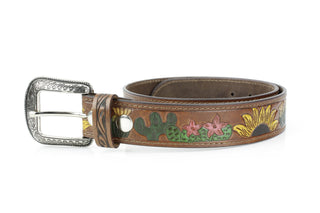 Genuine Western Leather Belt w/ Sunflower Cactus Design ABB 21 2523