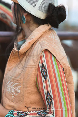 Camel Puffer W Aztec Lining Boot Stitch Detail Vest