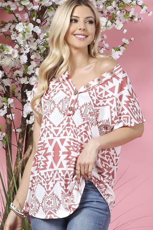 avery WILLA GEO PRINT BUTTON DOWN DETAIL V NECK KNIT TOP
