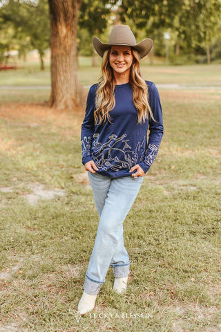 Navy Western Rhinestone Pressed Detail Long Sleeve Shirt