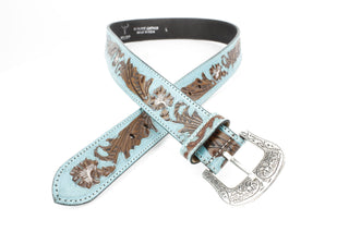 Turquoise Tooled Floral Belt Brown Accents ABB WST 09