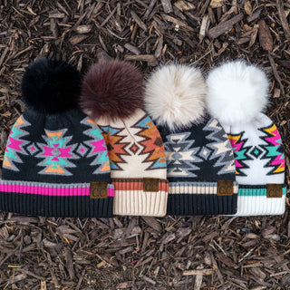 CC South Western Aztec  Pattern Faux Fur Pom Beanie