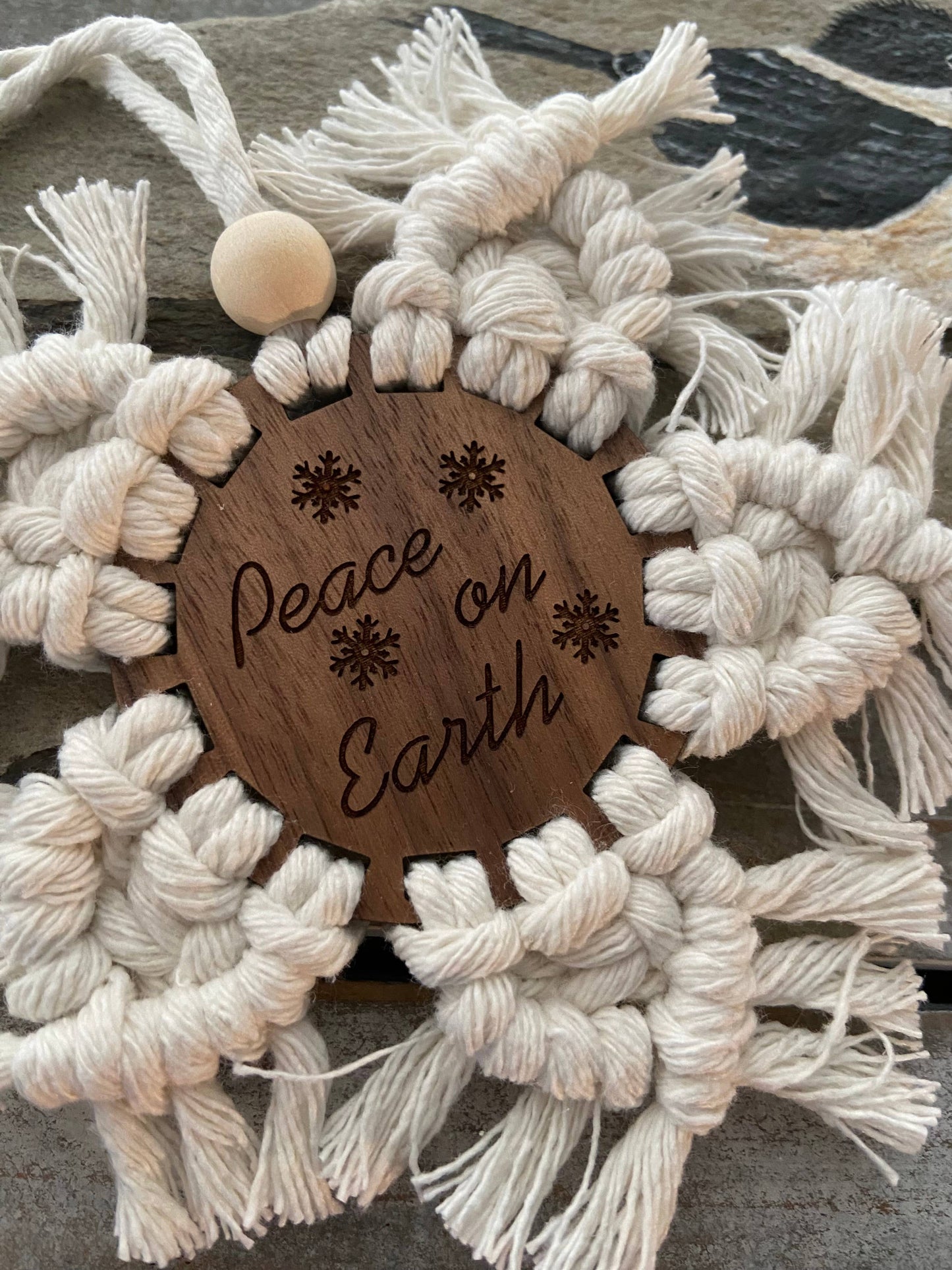 Macrame Christmas snowflake ornament - peace on earth