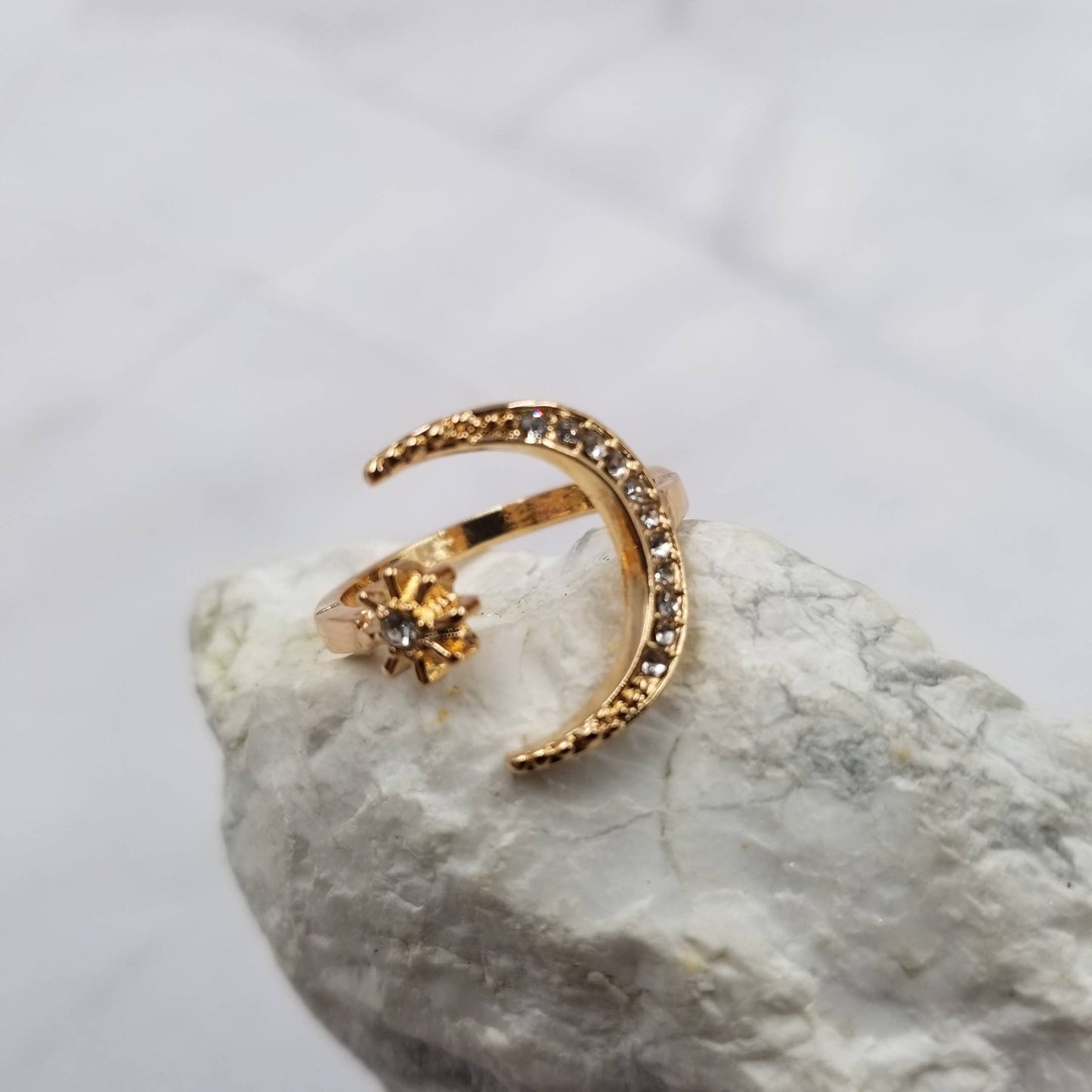 Crystal Moon and Stars Open Ring