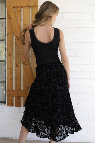 BURNOUT VELVET SIDE SLIT RUFFLE SKIRT