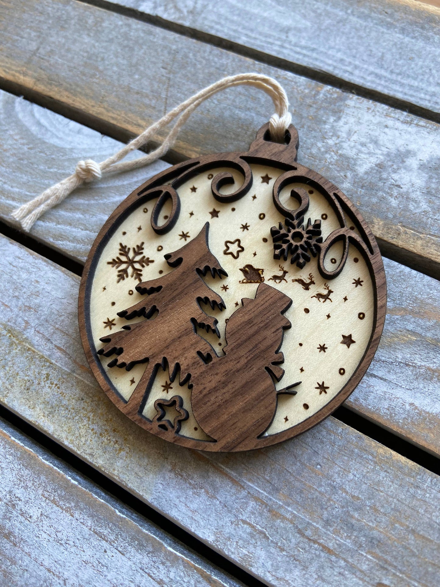 Christmas ornament, wooden 2D ornament, snowman and trees