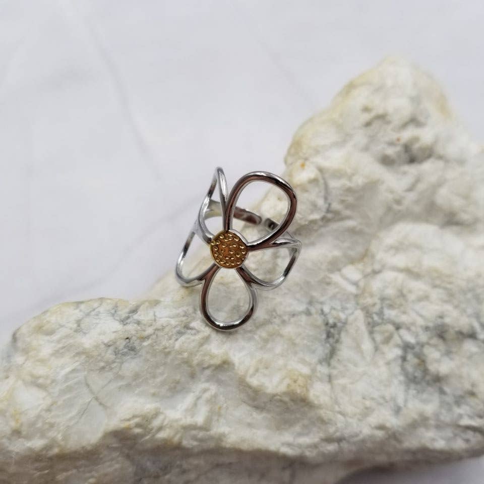 Stainless Steel Large Floral Ring - Adjustable