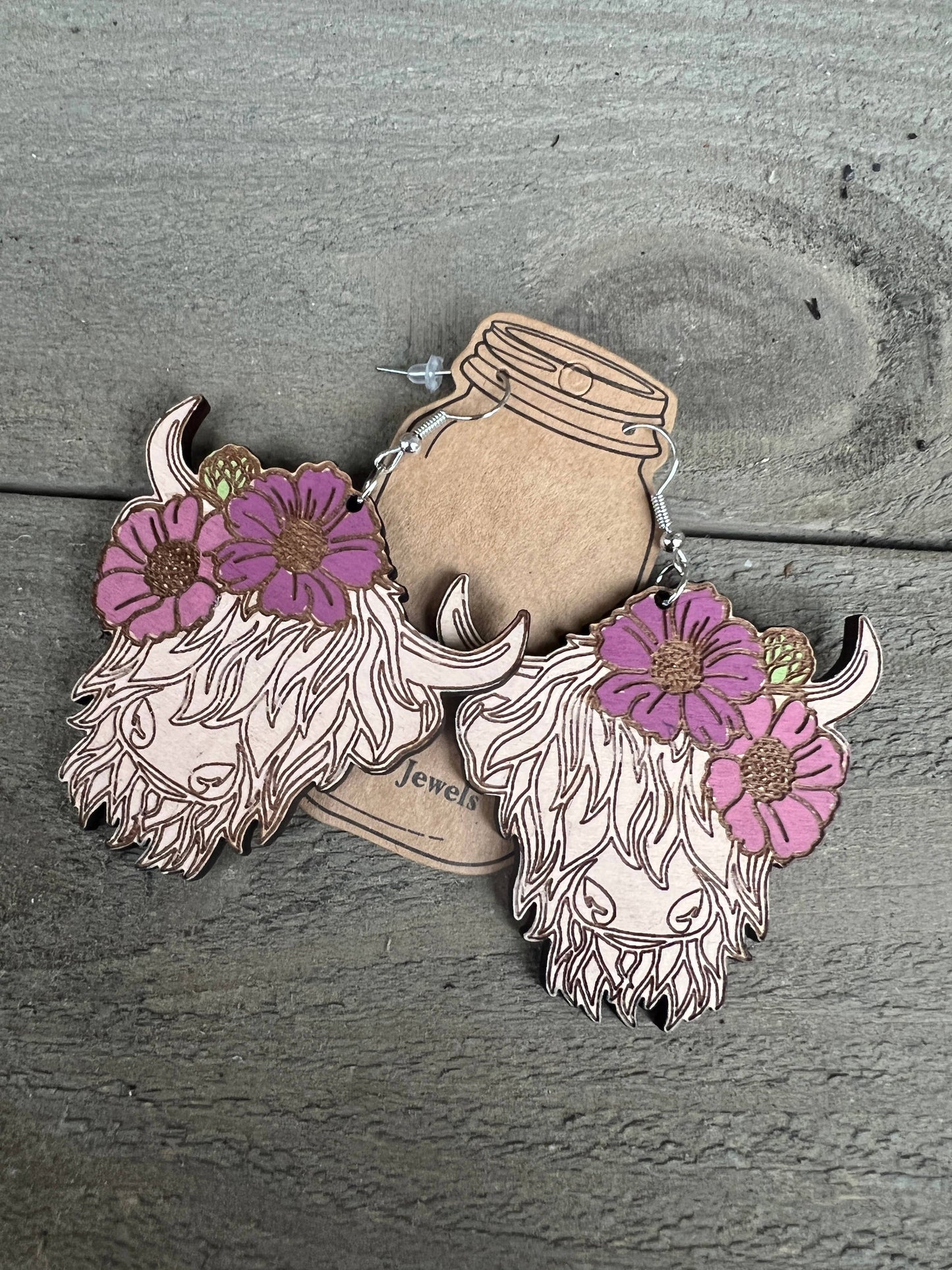 Highland Cow Floral Hand painted Wood Cutout Earrings