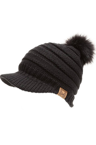 Women's Knit Visor Pom Beanie Hat  with Lining