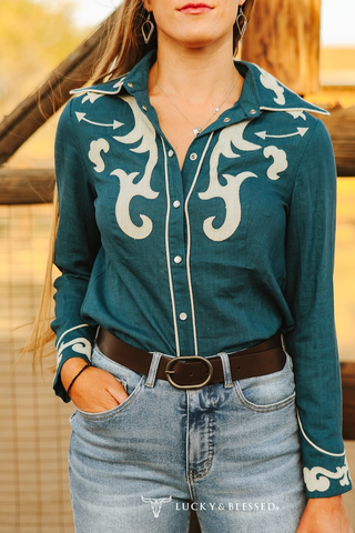 CLEARANCE Teal Ivory Patch Boot Stitch Contrast Piping Shirt