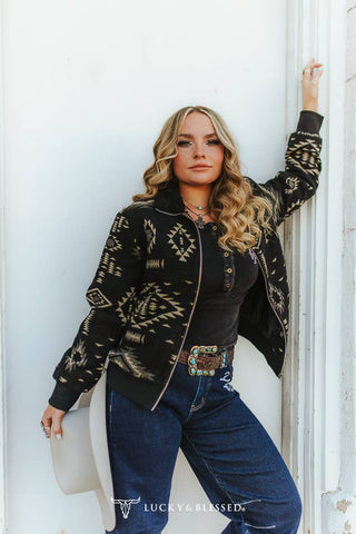 Black Aztec Western Print Zip Up Jacket
