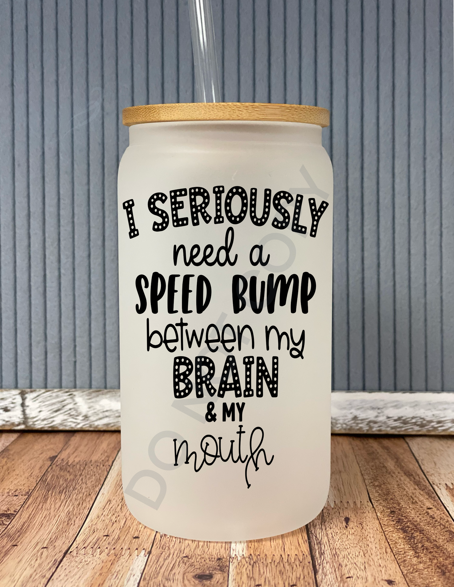 Frosted Beer Glass with Bamboo Lid - 'I Need a Speed Bump'