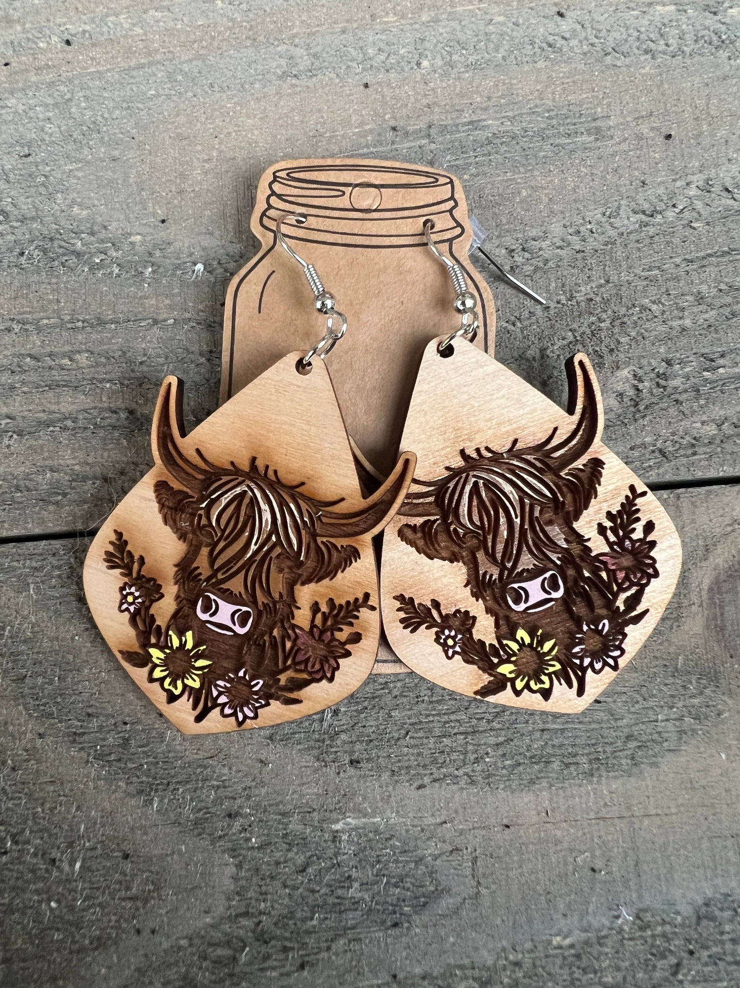 Highland Cow Western Floral Wood Cutout Earrings