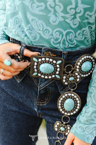 Ivory and Turquoise Stone Metal Chain Link Belt