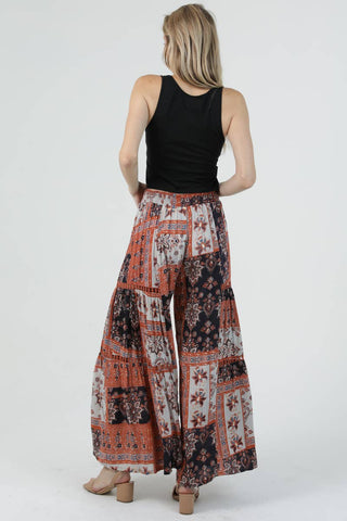 PRINTED WIDE LEG FLARE PANTS WITH LACE TRIM