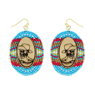 Beaded Wood Engraved Cowboy Boots & Hat Dangle Oval Earrings