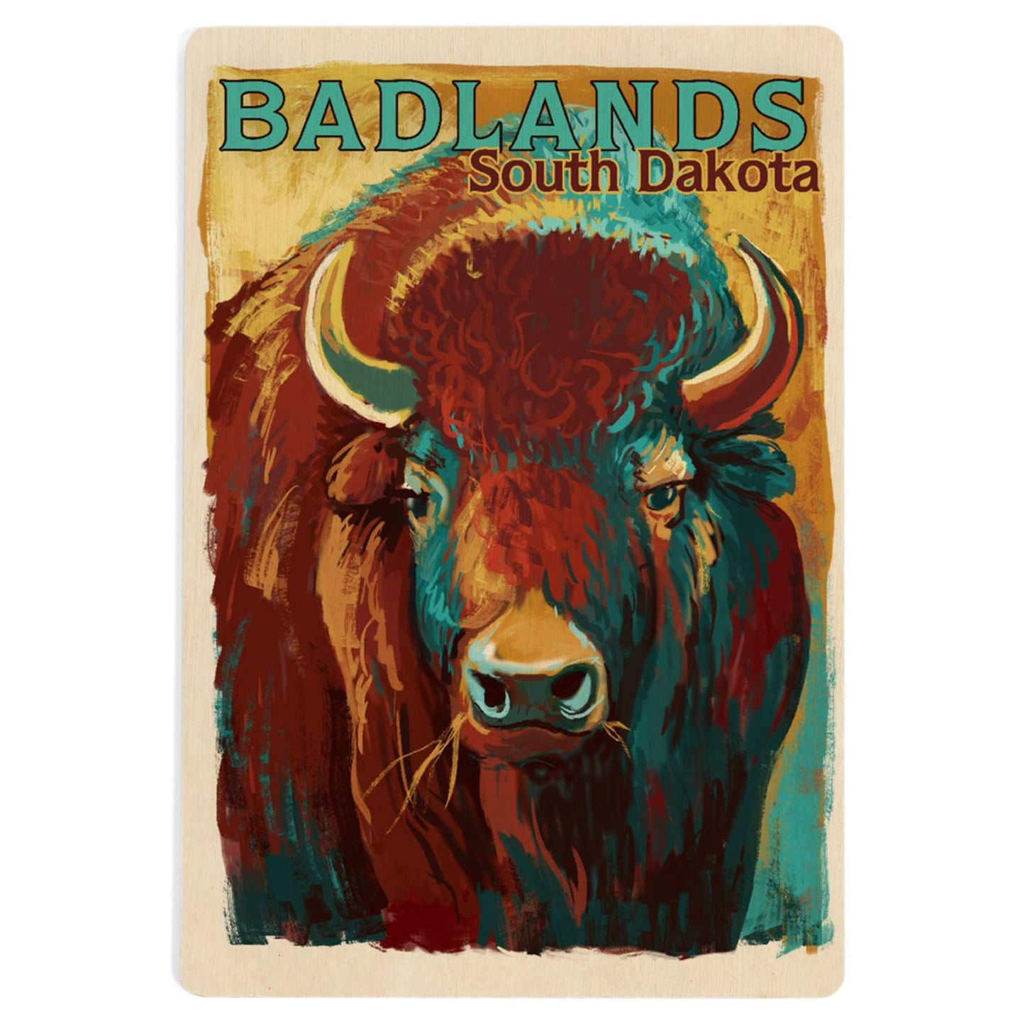 WOOD POSTCARD Badlands, South Dakota, Bison, Vivid