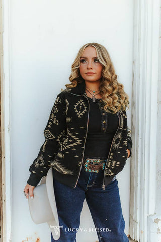 Black Aztec Western Print Zip Up Jacket