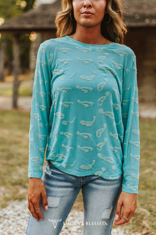 Turquoise Western Burnout mesh Sleeve Top