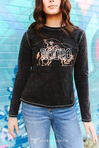 Black Mineral Wash Rodeo Printed Contrast Stitching Shirt