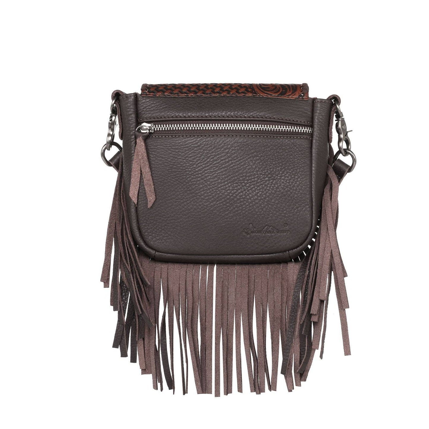 RLC-L162 Montana West Genuine Leather Tooled Collection Fringe Crossbody