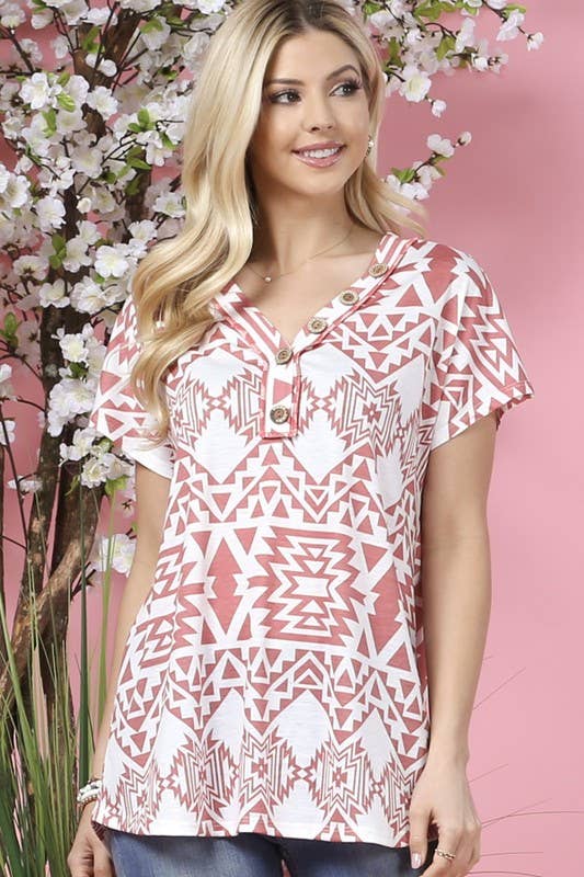 avery WILLA GEO PRINT BUTTON DOWN DETAIL V NECK KNIT TOP