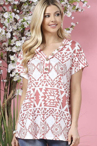 avery WILLA GEO PRINT BUTTON DOWN DETAIL V NECK KNIT TOP