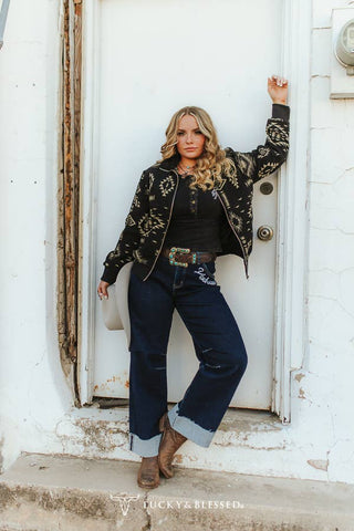 Black Aztec Western Print Zip Up Jacket