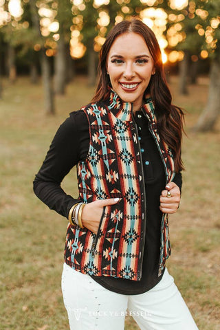 Black Multi Aztec Quilted Lined Zip-up Vest
