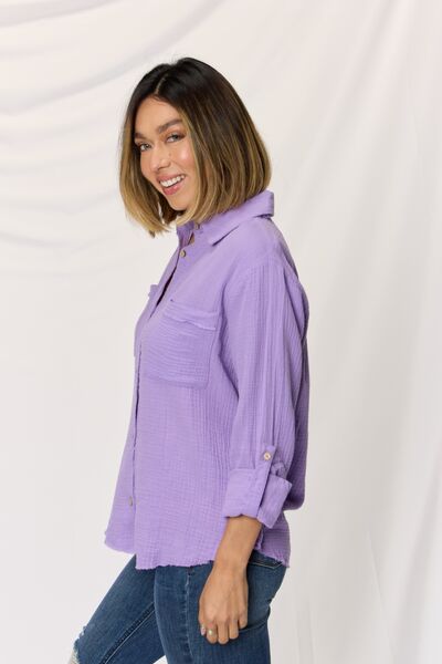 Zenana Texture Button Up Raw Hem Long Sleeve Shirt